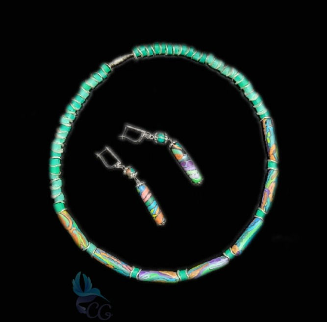 Thumbnail: Jewelry set with ethnic Peruvian pattern. Choker necklace and matching earrings. Made from polymer clay beads. Stainless stee