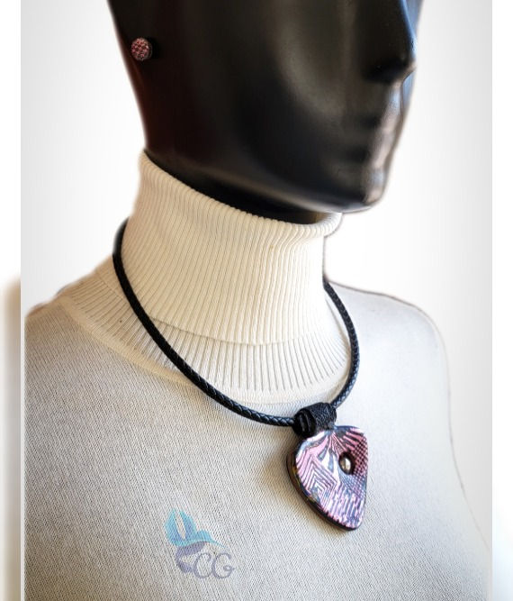 Thumbnail: Necklace and earrings jewelry set "Pink metallic". Choker necklace on leather cord, accompanied by 2 pairs of stud earrings o