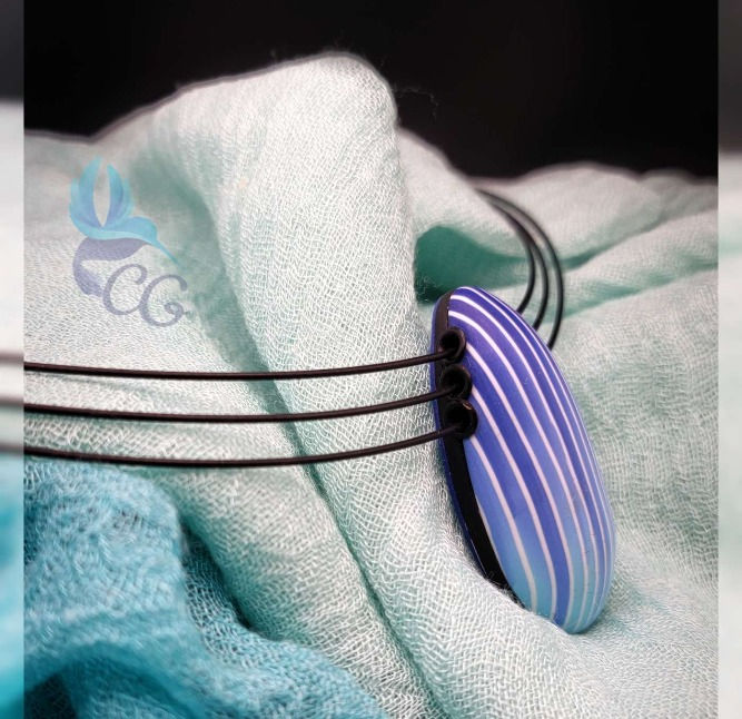 Thumbnail: Striped pendant - beautiful and tender, this pendant in blue hues, made of polymer clay. The hollow form makes it very lightw