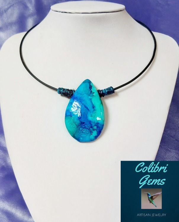 Turquoise hand painted pendant