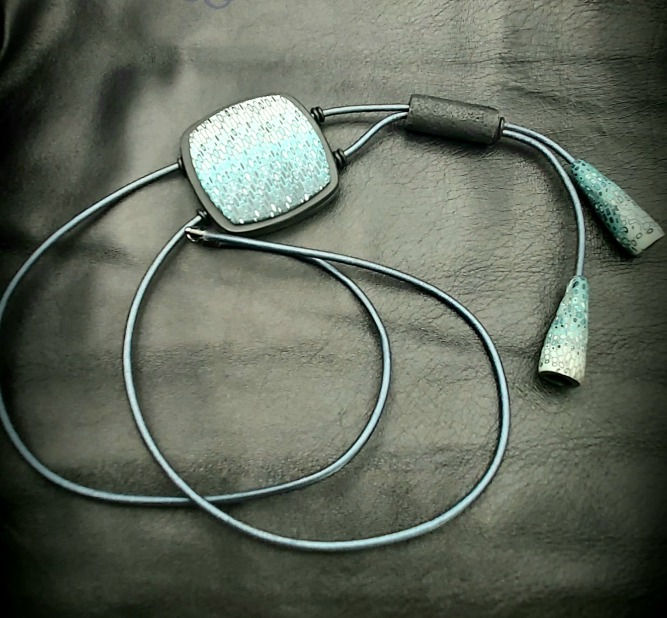 Миниатюра: Lariat necklace "Blue pixels". Long beautiful lariat necklace is made of polymer clay and leather cord. It has rope length, s