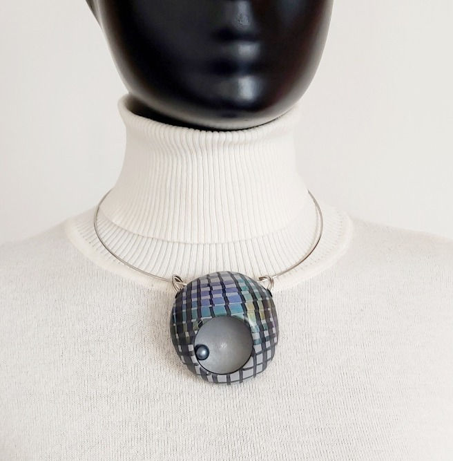 Thumbnail: Handmade jewelry set"Checkered". Polymer clay pendant with Czech glass bead accent. Stainless steel bail and choker. 38g weig