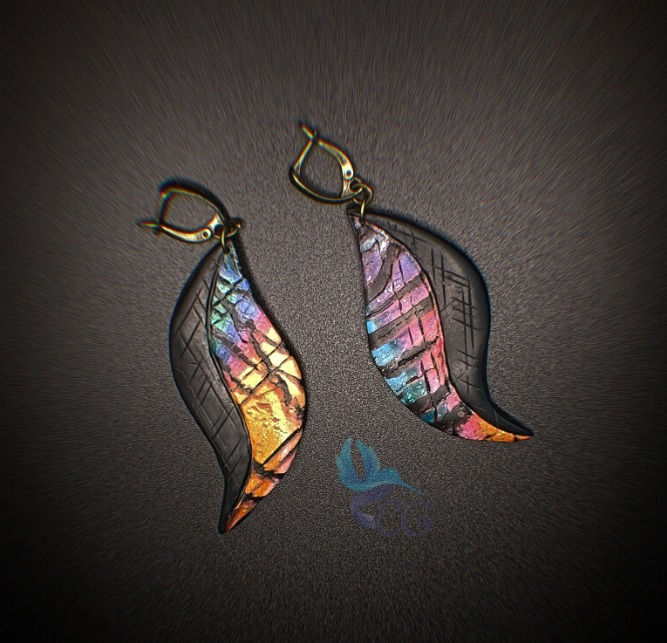 Thumbnail: Buy Jewelry set "Crackled pattern". Bangle bracelet - polymer clay on wooden base. Earrings - polymer clay, brass metal.