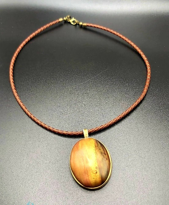 Thumbnail: Jewelry set fall colors. Boho style handmade jewelry set. Polymer clay on metal base. Pendant on leather cord, matching earri