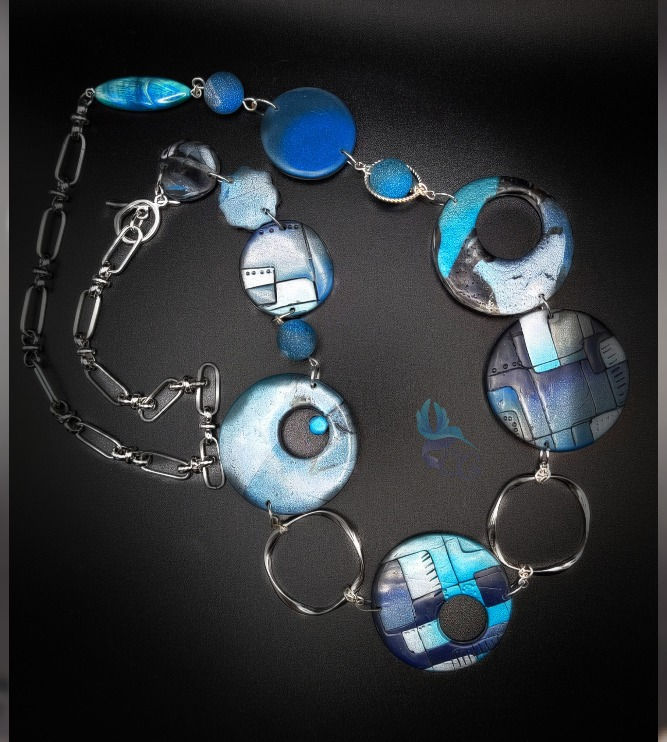 Thumbnail: Necklace "Metallic blue station" - This beautiful blue metallic color station necklace is made of polymer clay. The component
