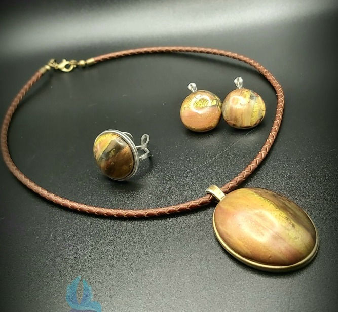 Thumbnail: Jewelry set fall colors. Boho style handmade jewelry set. Polymer clay on metal base. Pendant on leather cord, matching earri