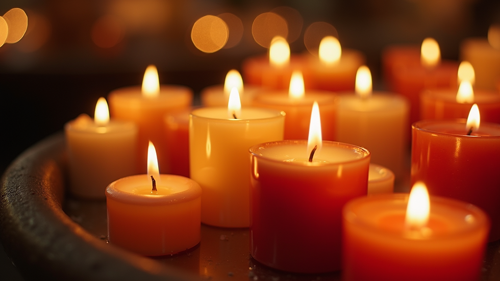 Close-up view of a beautifully arranged candle display