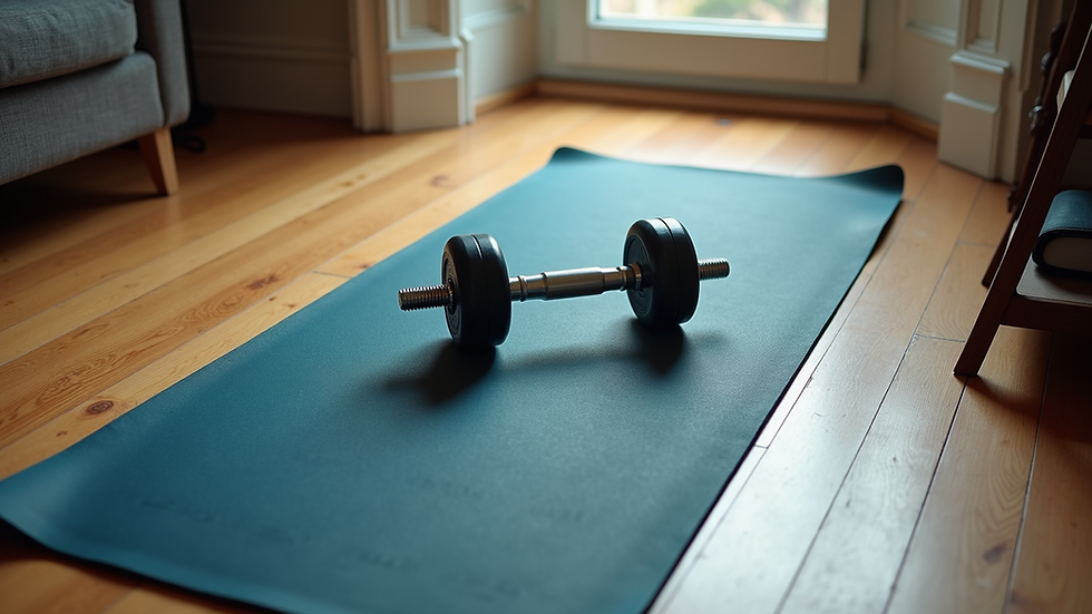 High angle view of a home workout setup with yoga mat and dumbbells