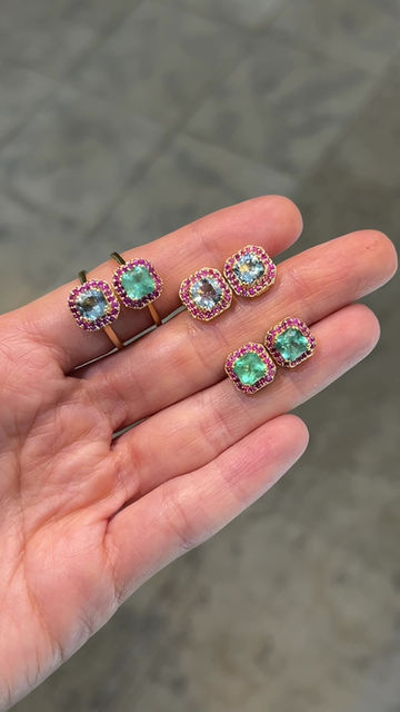 Miniatura: Anillo Aguamarina o Esmeralda Cushion con Halo de Zafiros Rosas