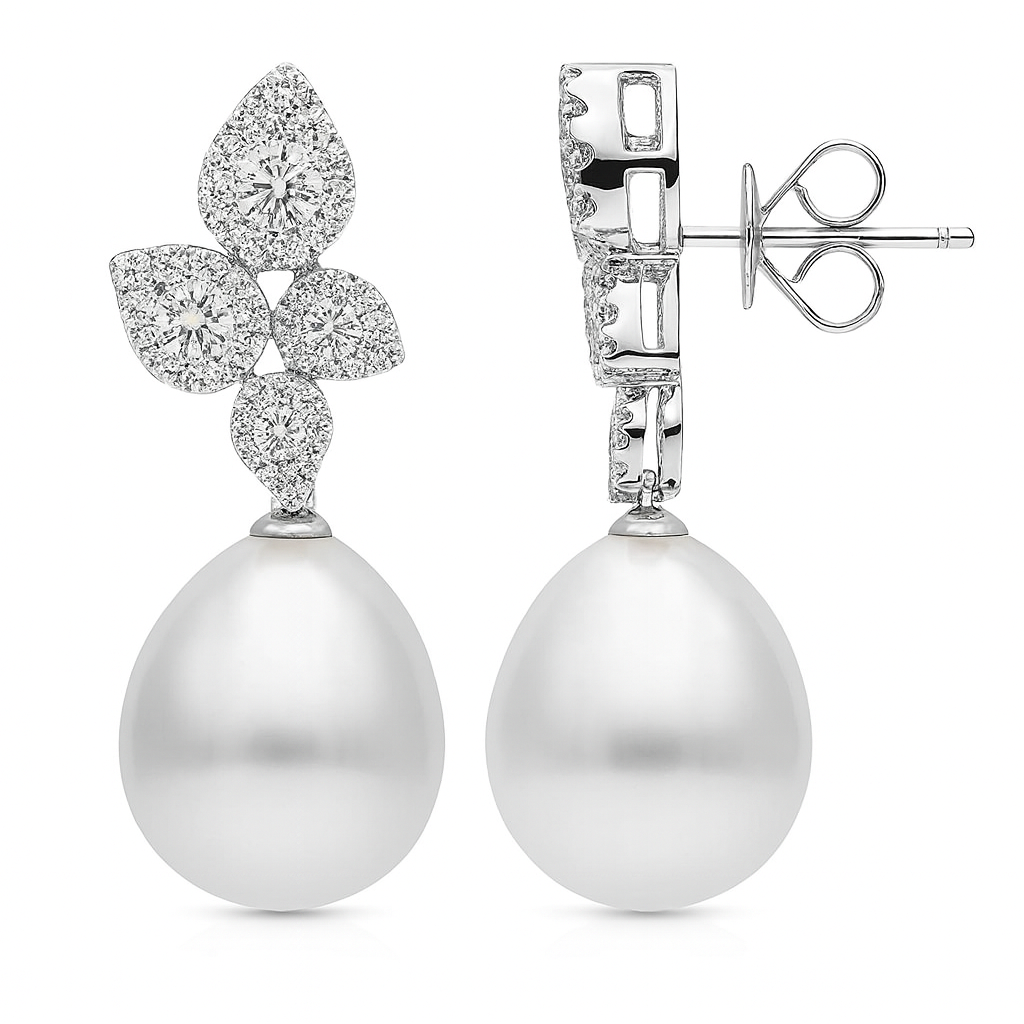 Aretes de Perlas Colgantes con Cluster de Diamantes