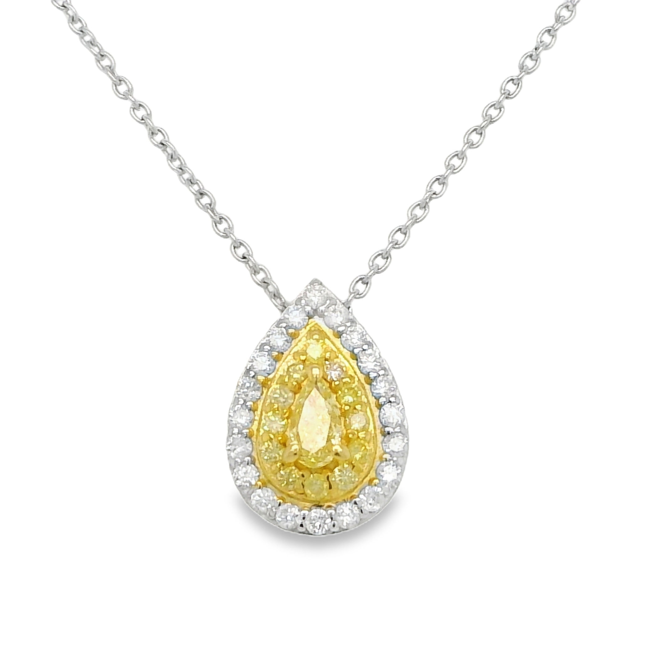 Collar Diamante Amarillo Corte Pera y Halo de Diamantes Blancos