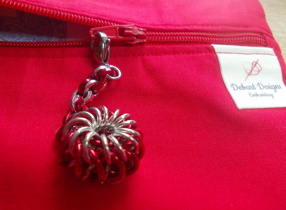 Thumbnail: Chain Maille Project Bag Zipper Pull Key Chain - Silver & Red