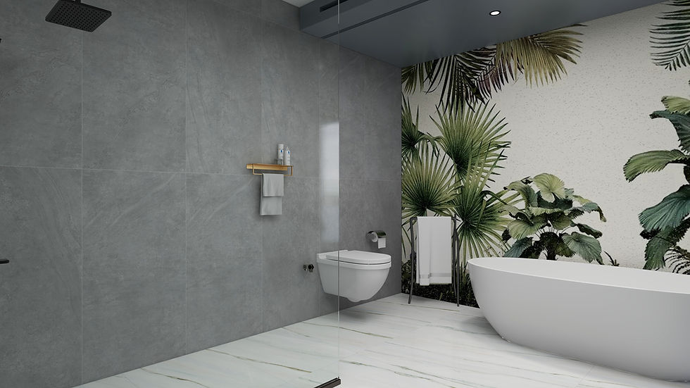 Küçük resim: Monoblok küvetli, asma klozetli, jungle duvar kağıtlı banyo tadilatı