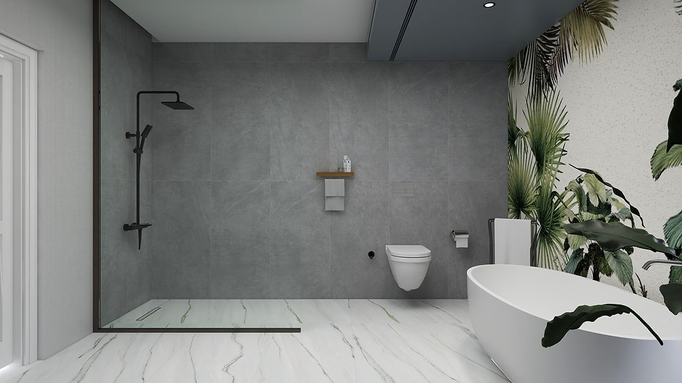 Küçük resim: Monoblok küvet, sabit camlı duş kabini ile banyo tadilatı