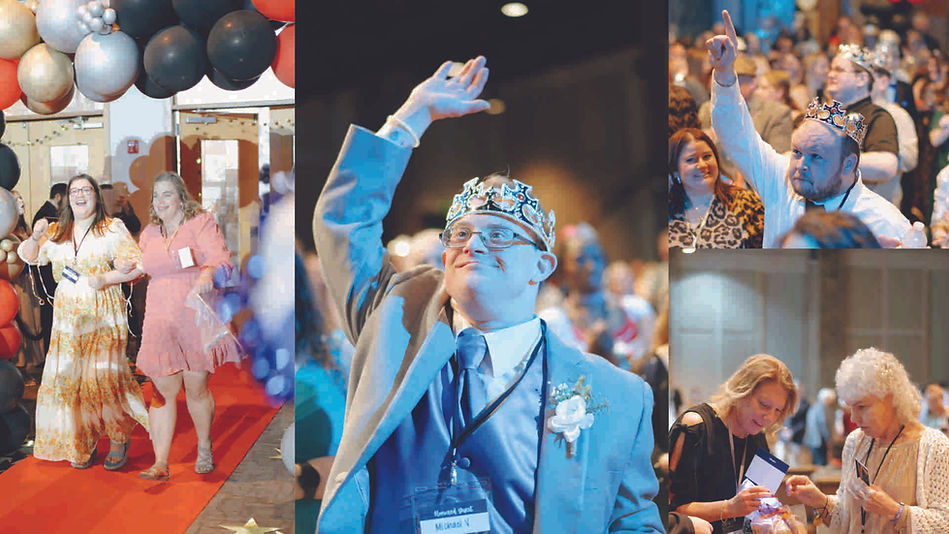 Montage of people at Night to Shine, our annual prom for individuals with special needs, 2 ladies walk down the red carpet, 2 guys raising hands while wearing crowns, and 2 ladies looking over their checklist of activities.
