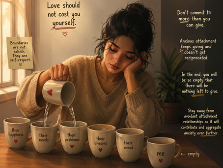 ai image a girl poring in the cups of others leaving hers empty. writing describing patterns of anxious attachment style