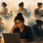 ai image of imposter syndrome of a women with 7 different emotions