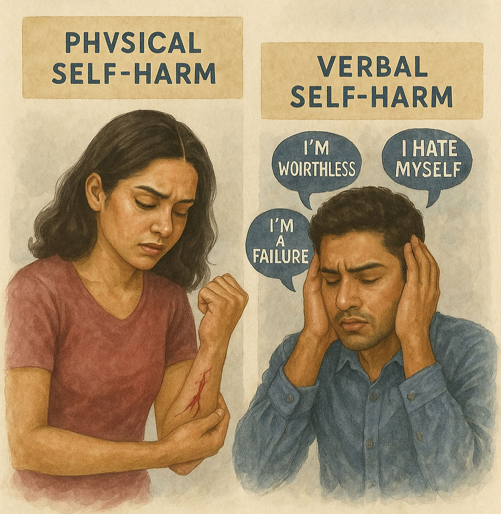 man and women illustration in water color explaining self harm physical and verbal