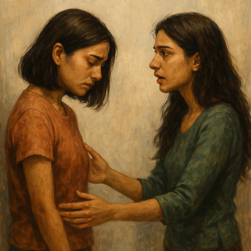 two women, one leaving one holding