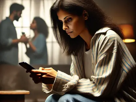 a women in mobile, and in background she and her partner fighting over a phone