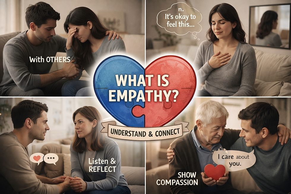 what is empathy? 4 different columns representing different relationship demonstrating what empathy is.