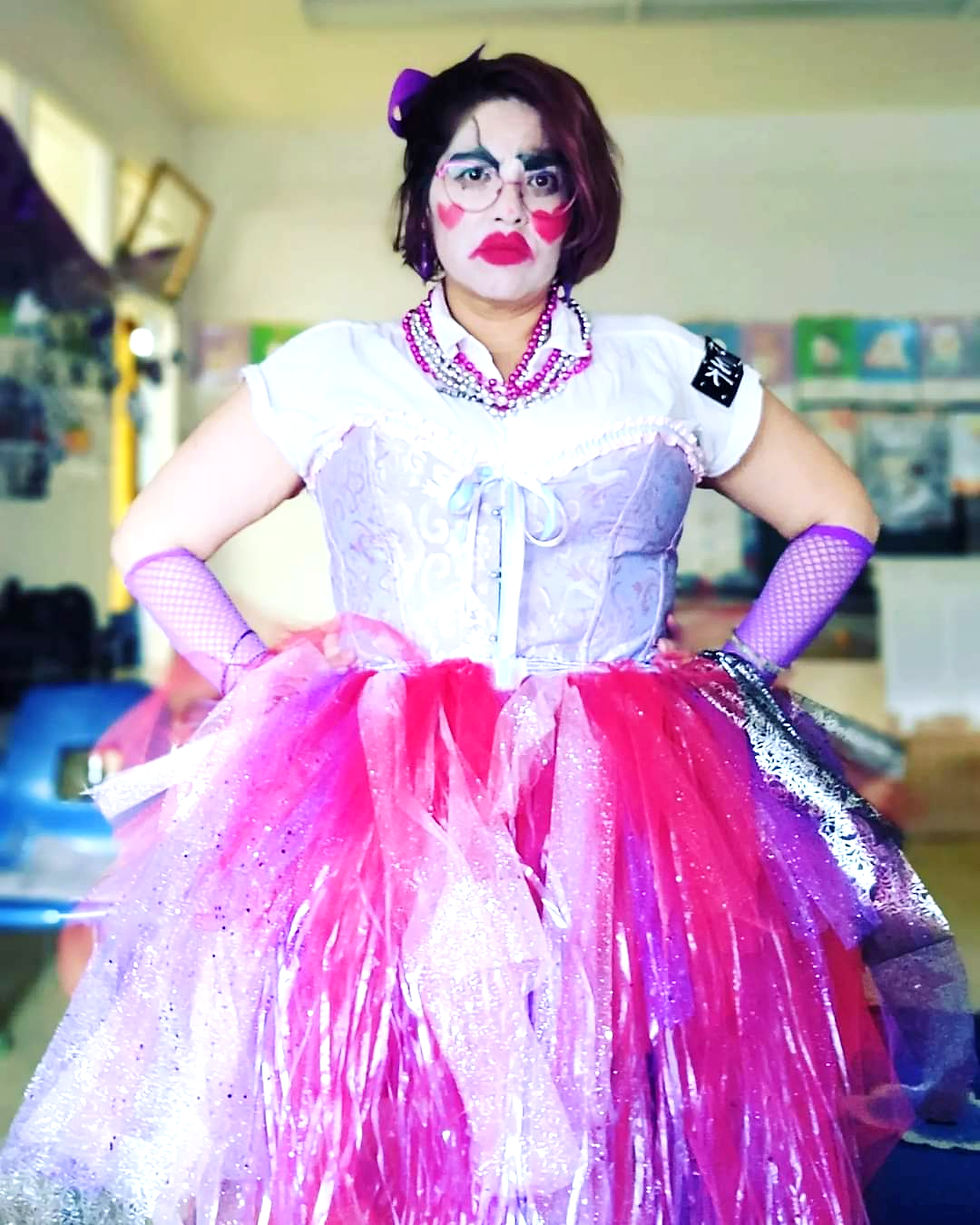 woman dressing up for halloween as a mime ballerina
