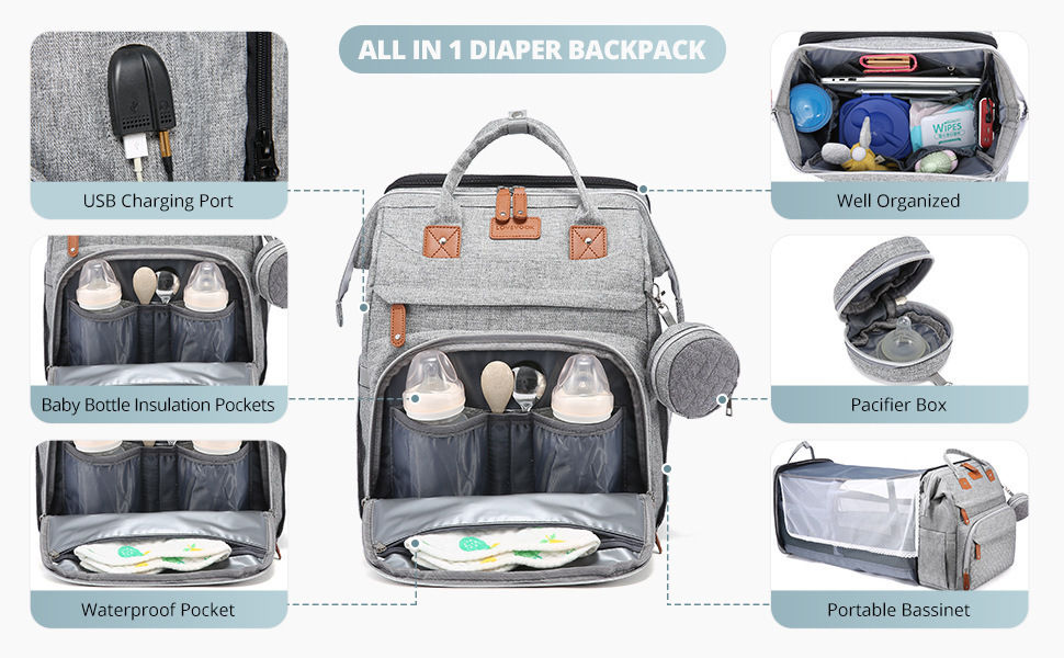 Miniatura: Mochila dobrável 3 em 1 para fraldas, berço portátil, bolsa de viag. impermeável