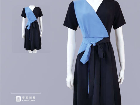 春稻制服 深藍天藍撞色斜向拼接V領綁帶短袖女款連身裙 時裝系列品牌形象制服設計 客製化優雅舒適職場套裝