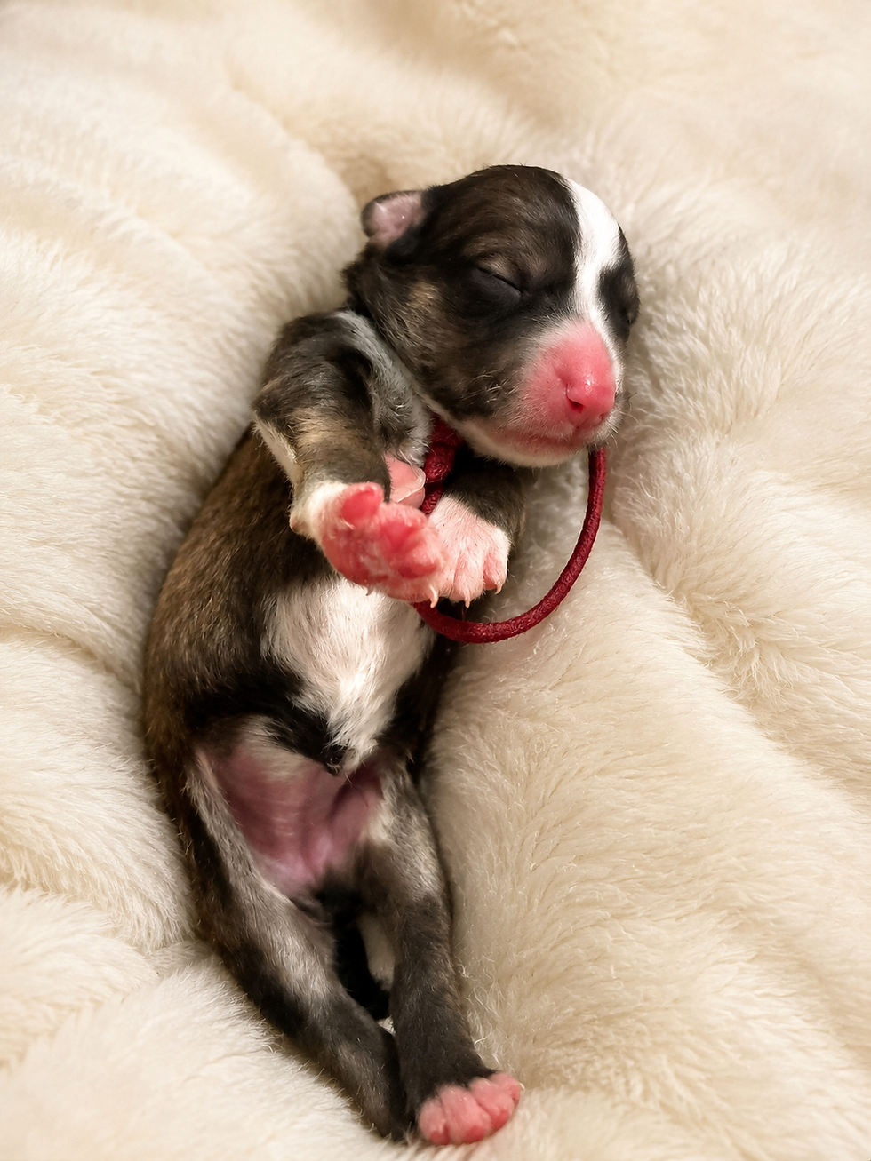 Newborn Brindle Bernedoodle Puppy on Back