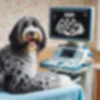 A happy dog looking at an ultrasound with puppy embryos.