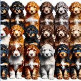 An AI generated image of rows of Bernedoodles in a variety of colors