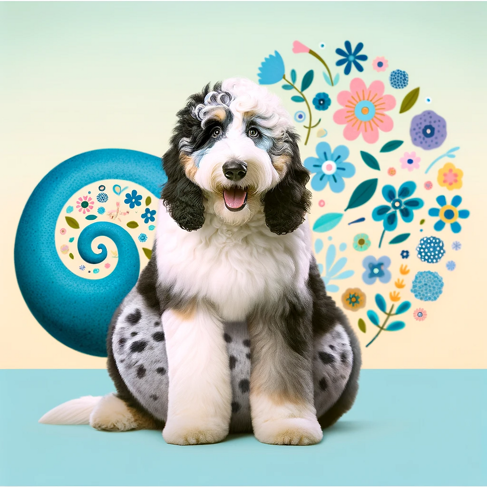 An exaggerated pregnant Bernedoodle in front of fun patterns.