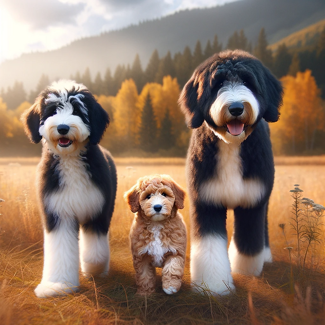 DALL·E 2024-01-30 21.38.24 - Create an image of three different types of Bernedoodles (Sta