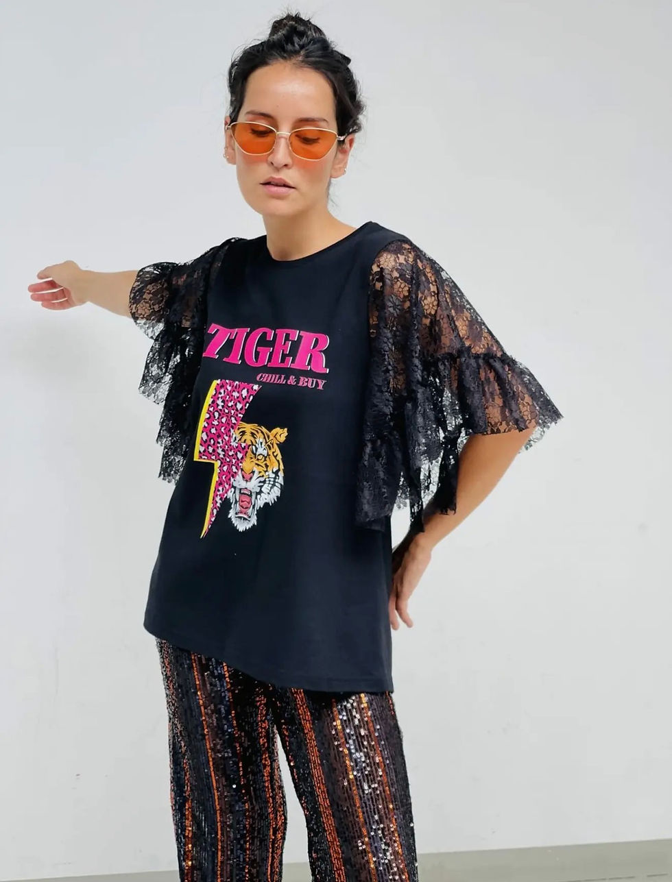 Thumbnail: Tiger Tee With Lace Sleeves