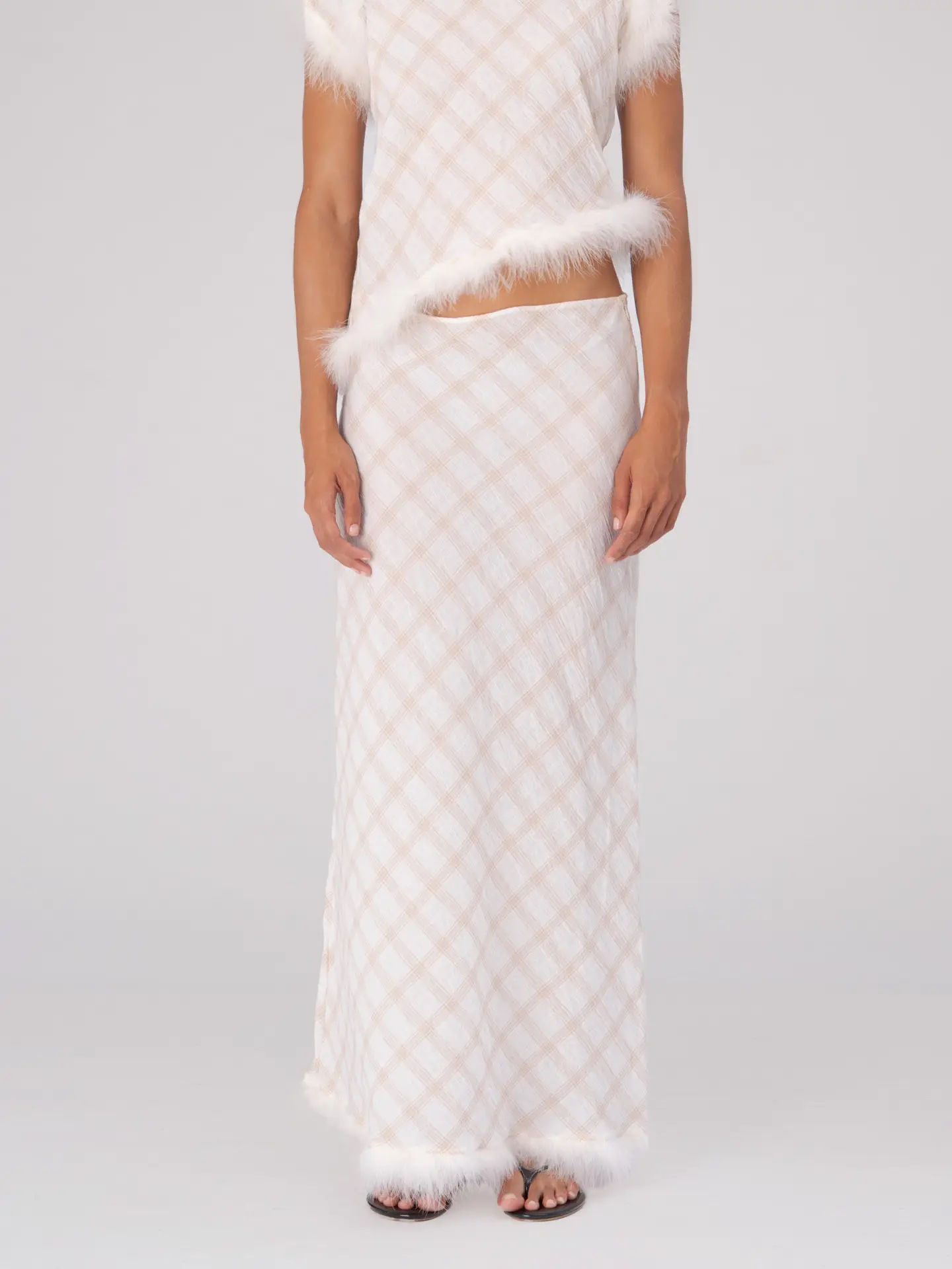 Plaid Feather-Trim Maxi Skirt