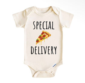 Baby onesie with Special Delivery text and pizza slice