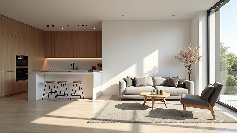 Wide angle view of an open-plan kitchen and living area with minimalist furniture