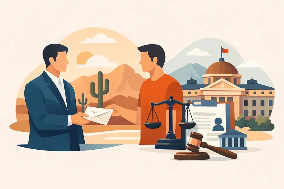 Process server delivering legal documents to an Arizona business owner outside a courthouse.