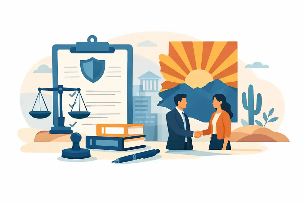Illustration of Arizona nonprofit statutory agent services with legal documents, scales of justice, and Arizona imagery