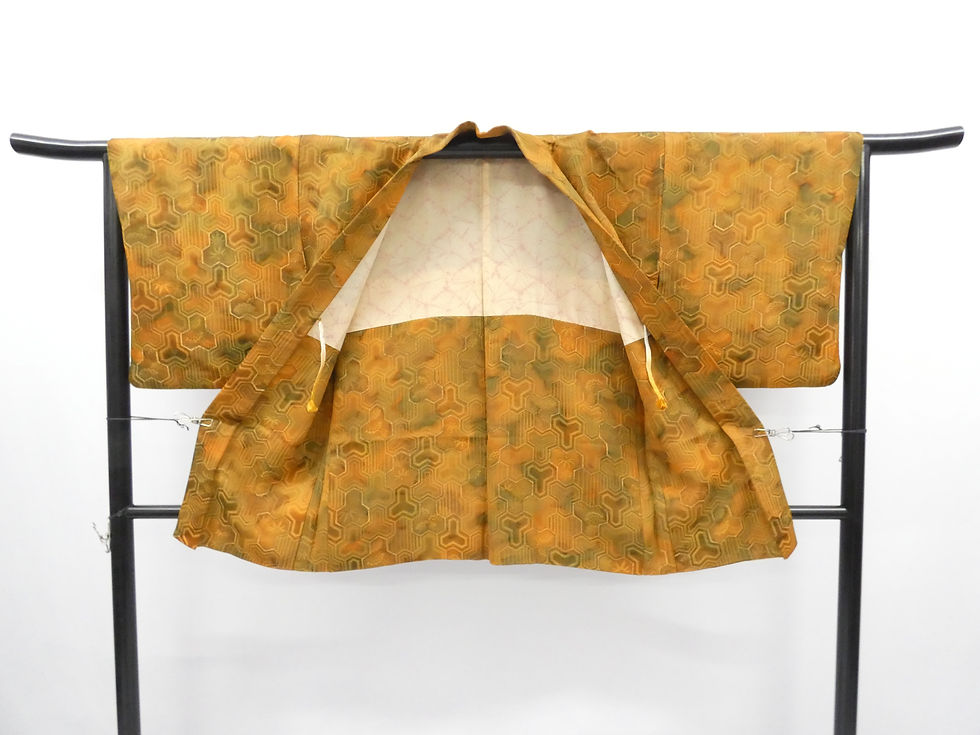 Thumbnail: ◇KWH098 Haori (Japanese jacket) with tie, all-over pattern, pure silk, yellow, vintage, antique.