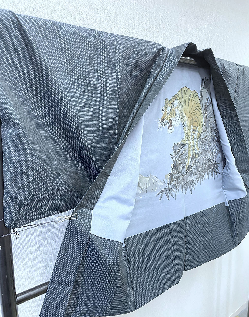 サムネイル： ◇KMH024 羽織  虎 正絹 青色 古着 レトロ 和服