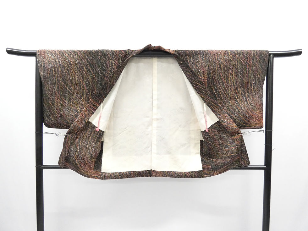 Thumbnail: ◇KWH100 Black Haori (kimono jacket) with tie, all-over pattern, pure silk, black, vintage, antique.