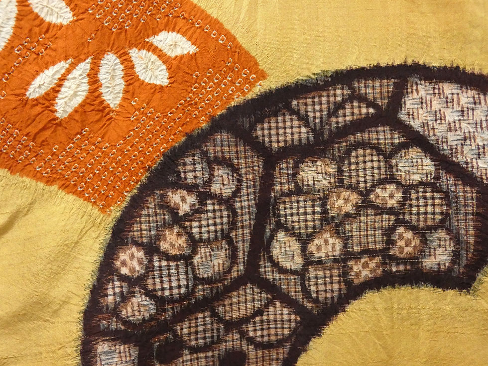 Thumbnail: ◇KWH053 Haori (kimono jacket) - All-over pattern, Shibori (tie-dye), Pure silk, Lined, Yellow tones, Antique style