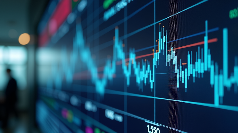 Eye-level view of a stock market display board showing fluctuating graphs