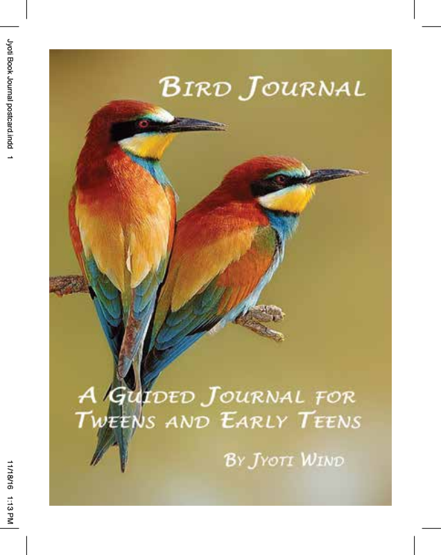 Bird Journal: A Guided Journal for Tweens and Early Teens by Jyoti Wind. A journal for young people to record their thoughts and ideas. $14.95 + $3. s/h. “A private book that will become their best friend, which will heal their scars as they stumble along, and which they will keep for as long as they live. Her thoughtful writing prompts will stir their thinking skills, will help to examine their emotions as they grow, and provide a place to record their innermost secrets.” Arlene S. Bice.