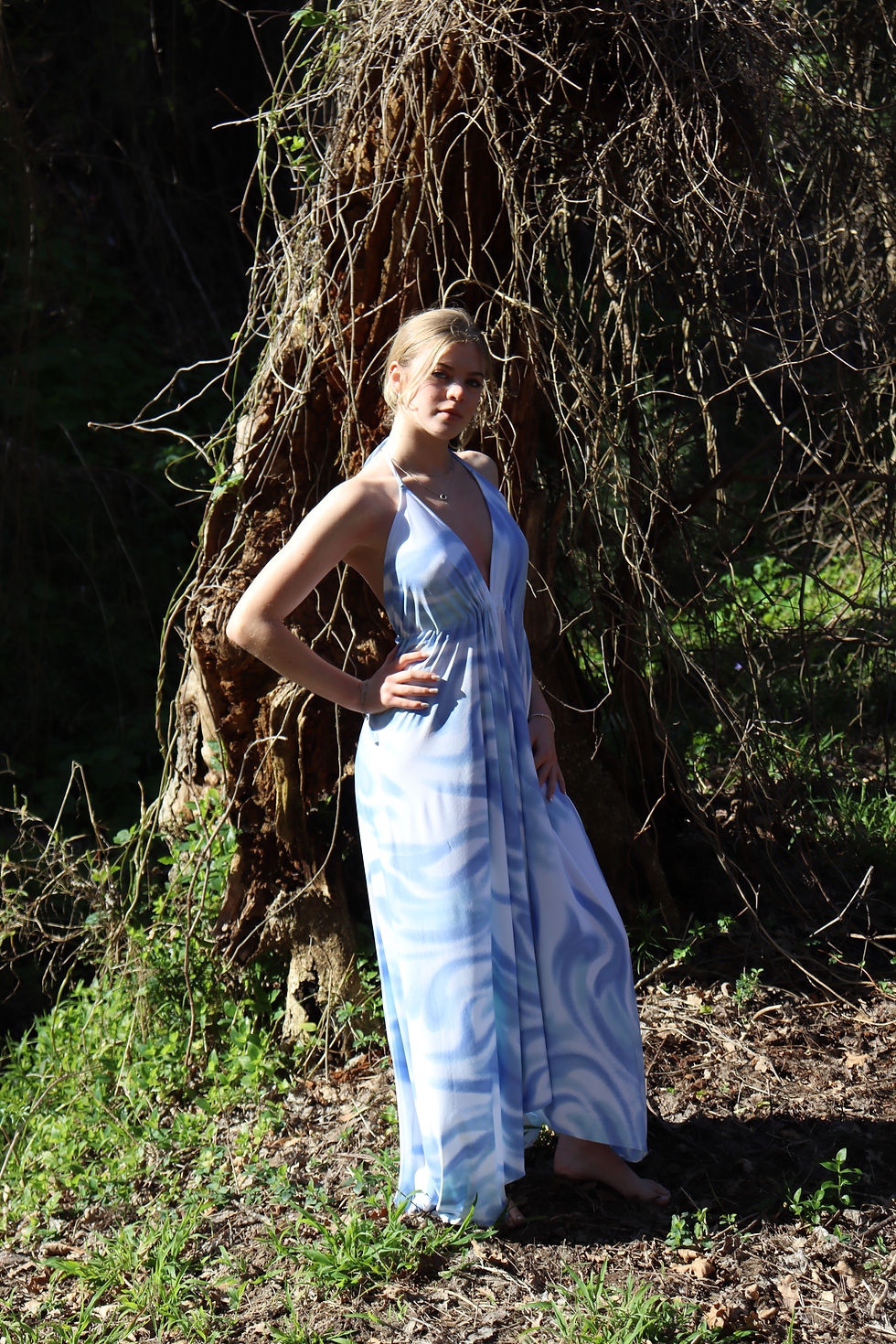 Thumbnail: blue & white halter tie dye boho dress