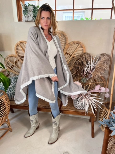 Thumbnail: Grey knit Boho chic poncho with white fur trim