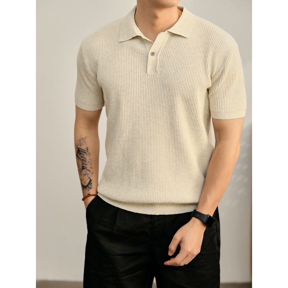 Thumbnail: Summer Cooling Knitted Ribbed Texture Polo Shirt for Men with One Button Turn-do
