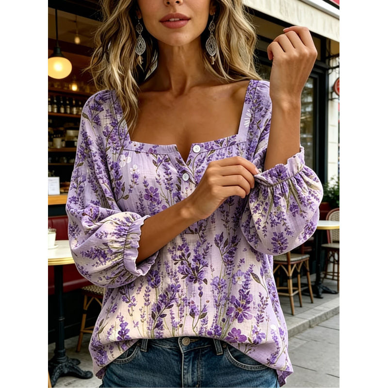 Thumbnail: 3D Printed Floral Square-Neck Buttoned T-Shirt for Women