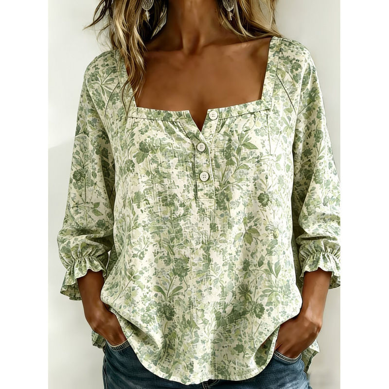 Thumbnail: 3D Printed Floral Square-Neck Buttoned T-Shirt for Women